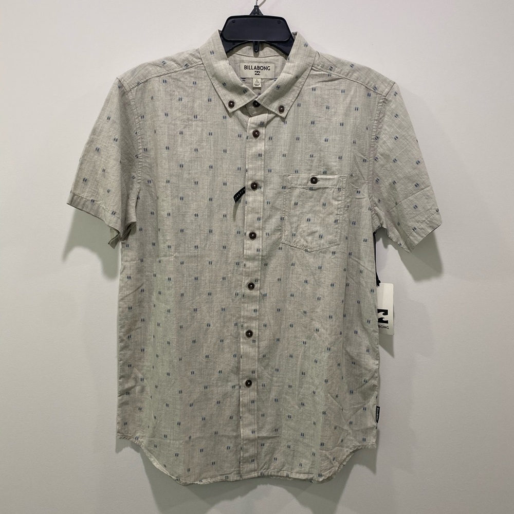 Billabong Mens Small Gray Short Sleeve Button Down Shirt Stretch Geometric Print